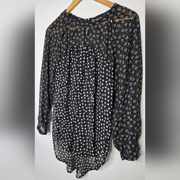 Women's Elodie Long-Sleeve Sheer Top - navy & cream Medium Romantic Bohemian - Picture 2 of 6